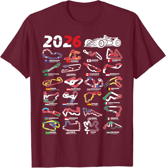 2026 Calendar Circuits Racing Fan T-Shirt - T-Shirt | Maroon