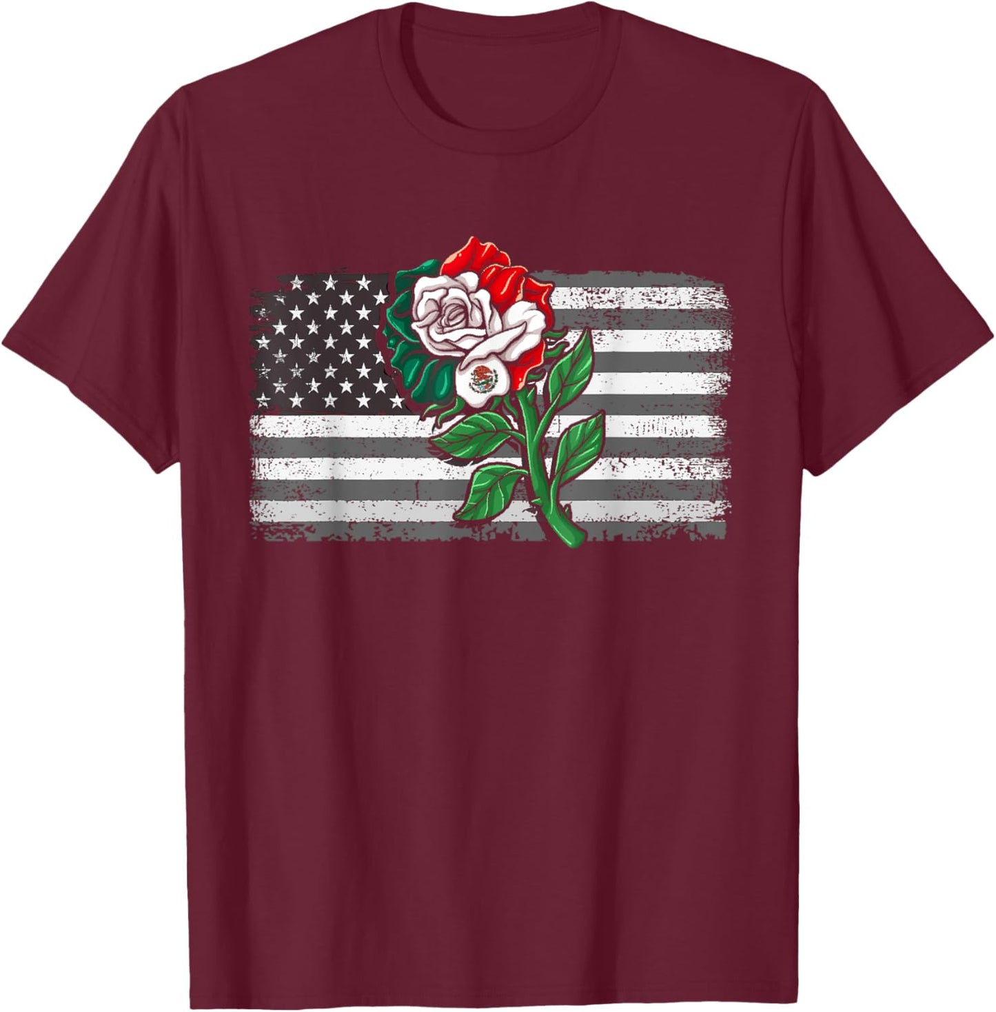 Mexico US Flag Mexican Flag American Flag Rose T-Shirt - T-Shirt | Maroon