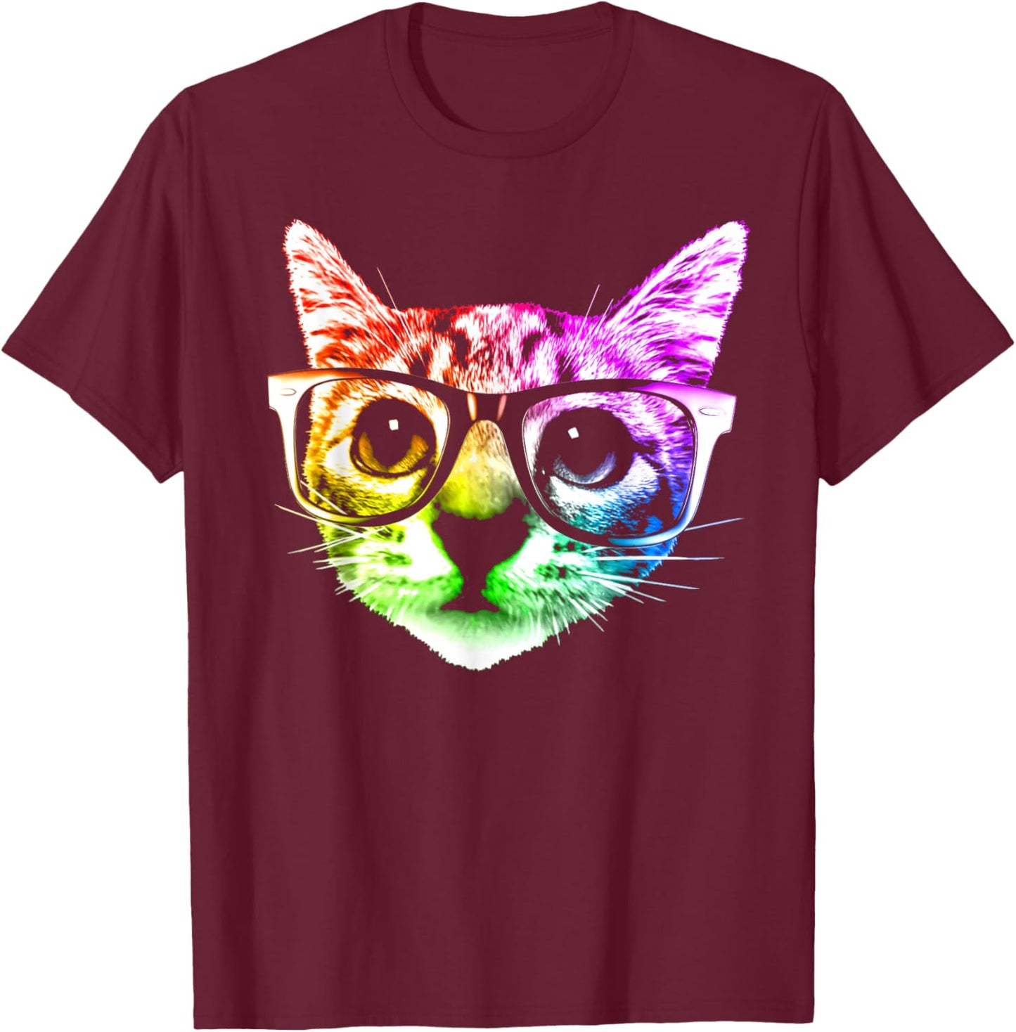 Rainbow Kitty Cat with Glasses by ROBOTFACE T-Shirt - T-Shirt | Maroon