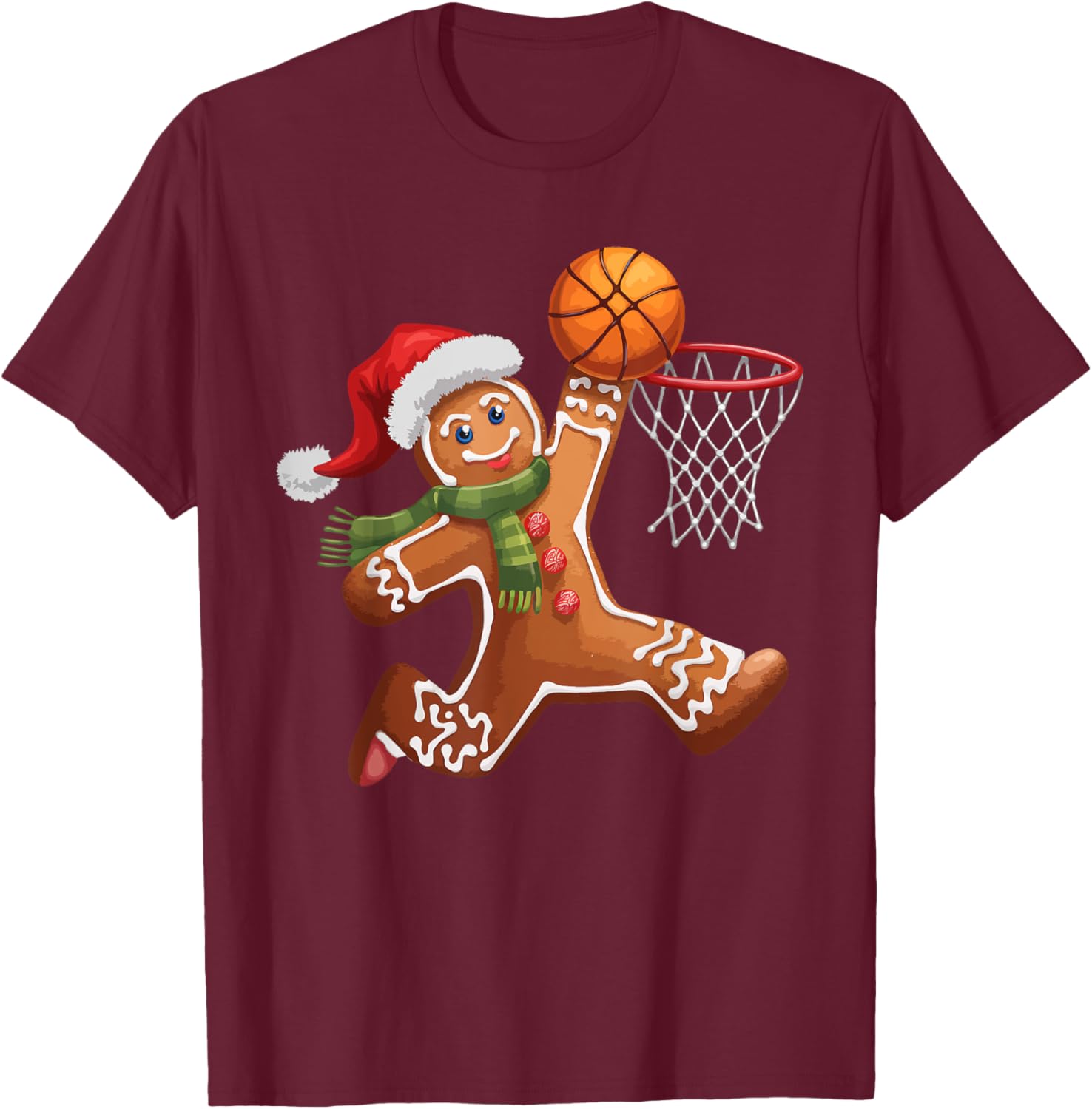 Gingerbread Playing Basketball Christmas Player Kids Family T-Shirt - T-Shirt | Maroon