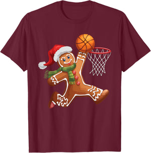 Gingerbread Playing Basketball Christmas Player Kids Family T-Shirt - T-Shirt | Maroon