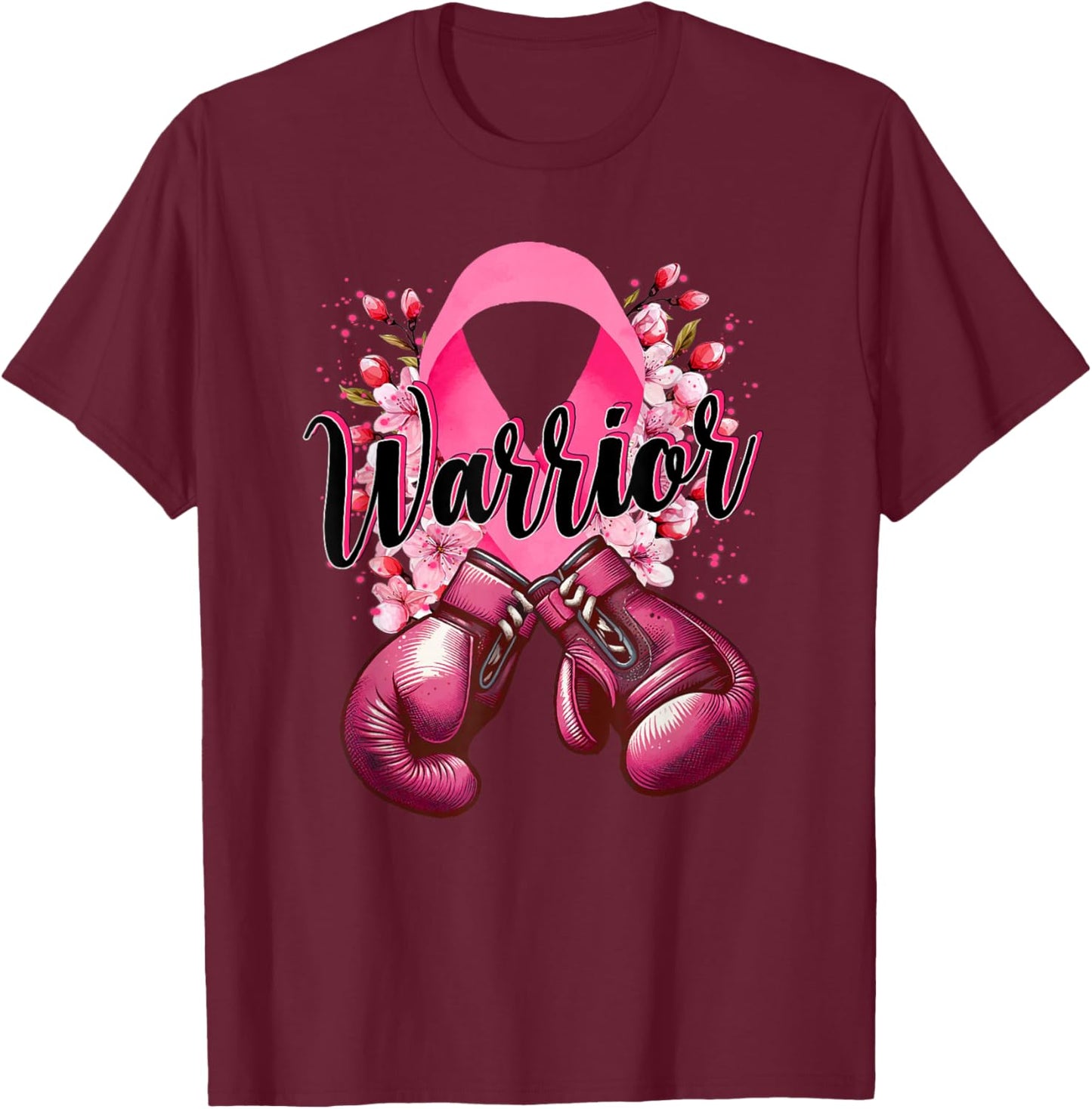 Warrior Boxing Gloves Pink Ribbon Breast Cancer Awareness T-Shirt - T-Shirt | Maroon