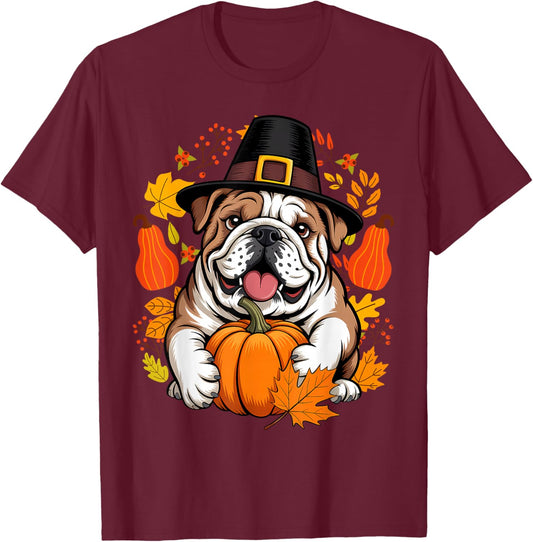 English Bulldog Pumpkin Leaf Thanksgiving Fall Halloween Dog T-Shirt - T-Shirt | Maroon