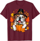 English Bulldog Pumpkin Leaf Thanksgiving Fall Halloween Dog T-Shirt - T-Shirt | Maroon