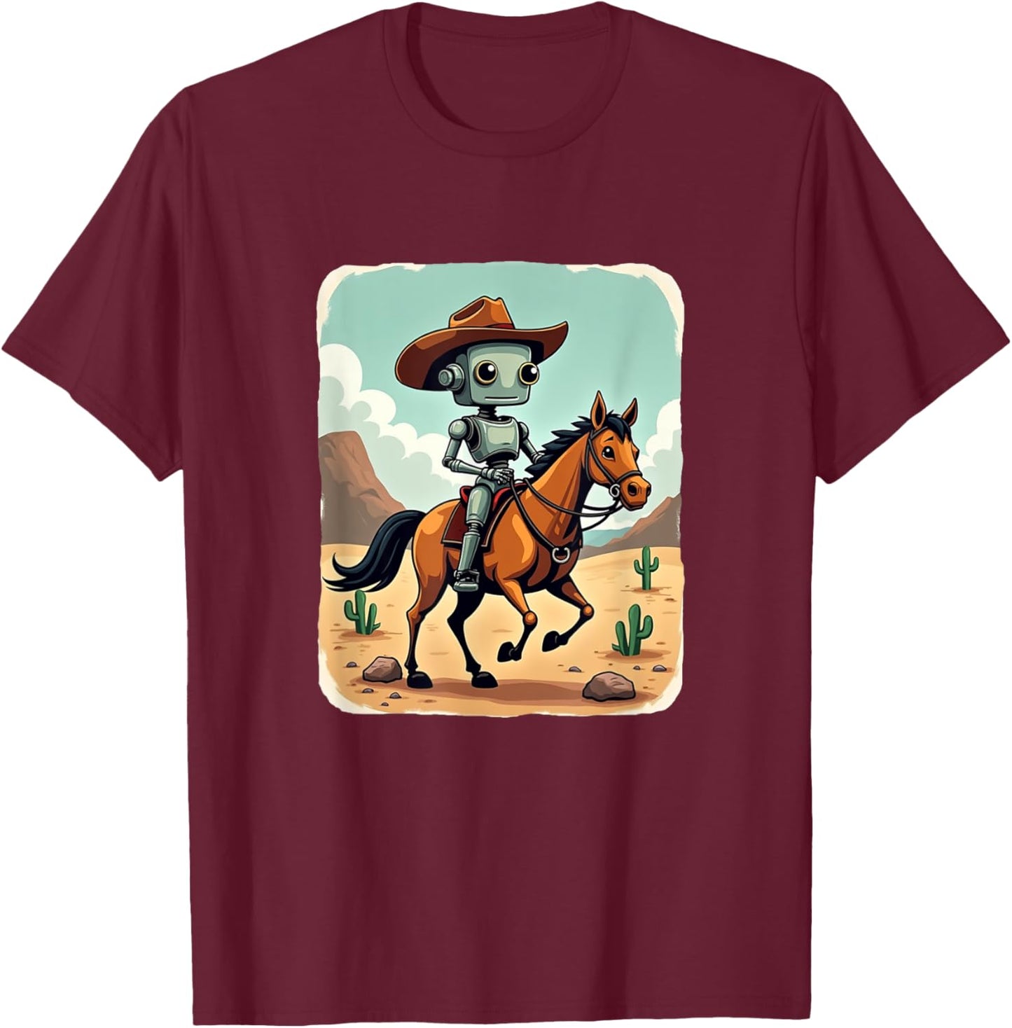 Funny Robot Cowboy Riding Horse Futuristic Western Theme T-Shirt - T-Shirt | Maroon