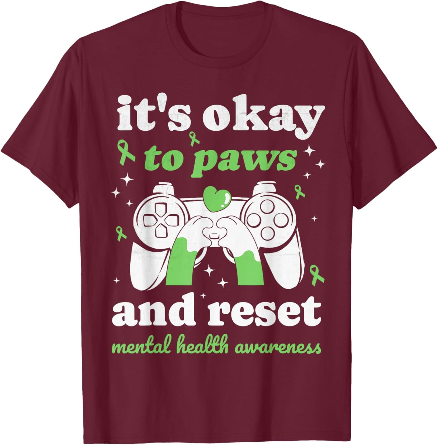 Cat Mental Health Awareness Month Gamer Paws Men's Kid's T-Shirt - T-Shirt | Maroon