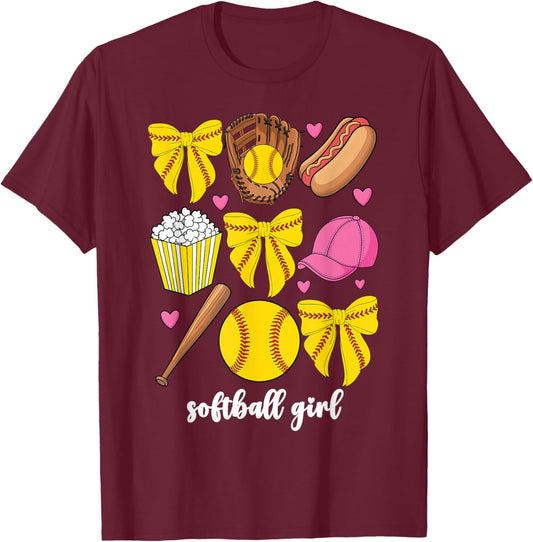 Cute Softball Coquette Bow Girls Softball Girl T-Shirt - T-Shirt | Maroon