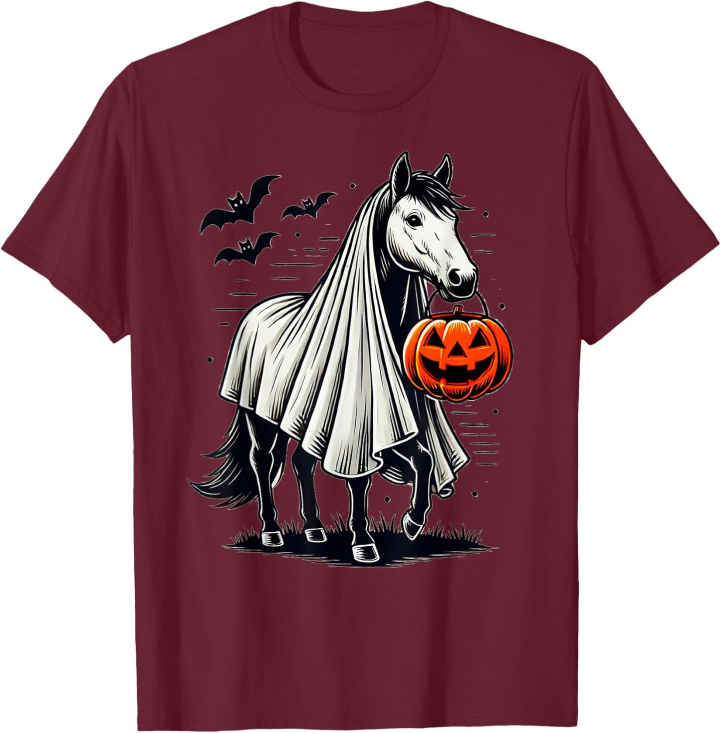 Halloween Horse With Pumpkin Ghost Costume Rider Riding T-Shirt - T-Shirt | Maroon