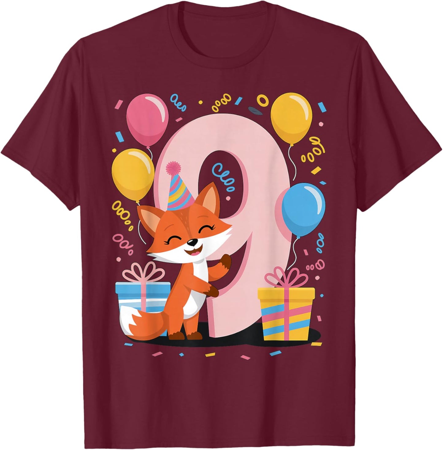 Fox 9th birthday for boy girl 9 years old ninth nine Fox T-Shirt - T-Shirt | Maroon