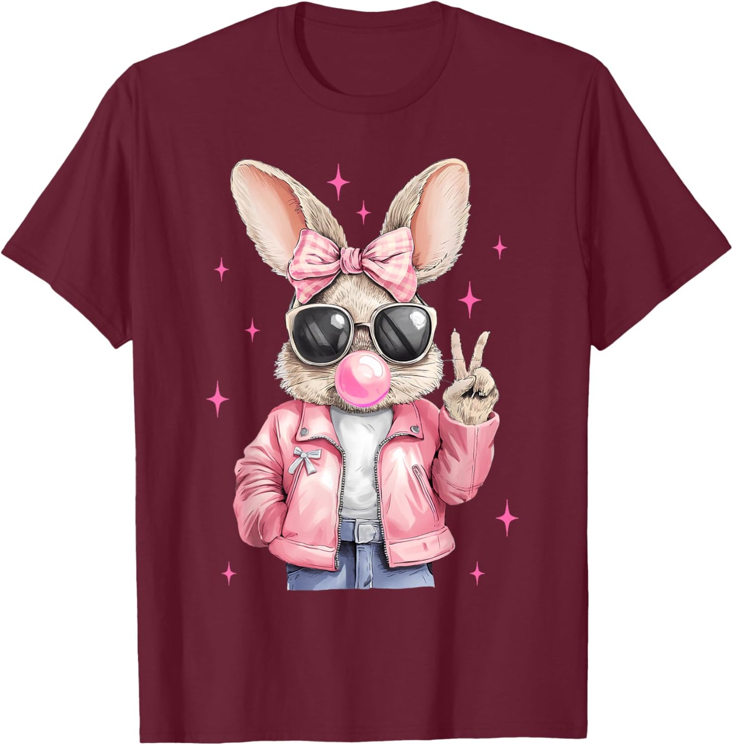 Happy Easter Bunny Rabbit Face Coquette Bow Easter Girl Kids T-Shirt - T-Shirt | Maroon