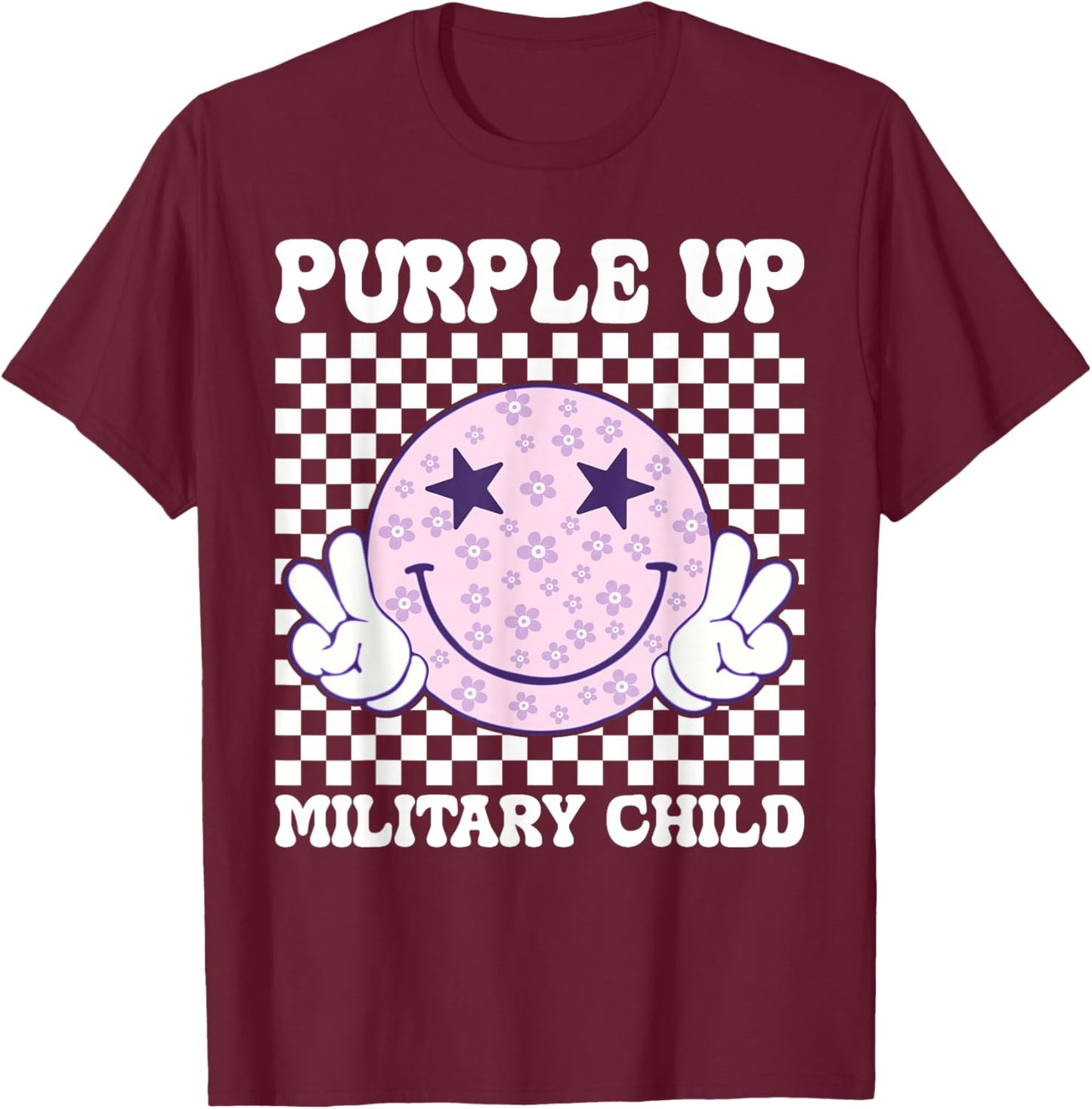 Purple Up For Military Kids Groovy Military Child Month T-Shirt - T-Shirt | Maroon