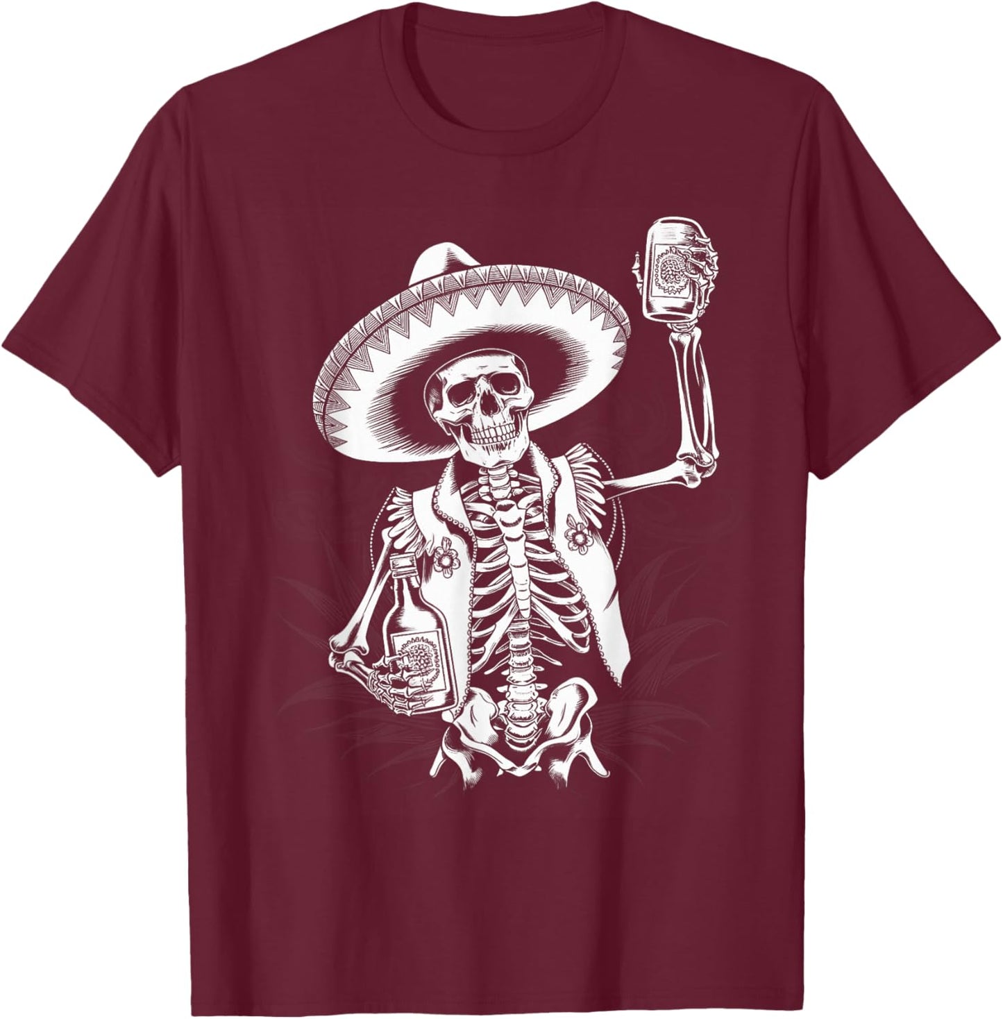 Mexico Vintage Skeleton Tequila Dia De Los Muertos Mexican T-Shirt - T-Shirt | Maroon