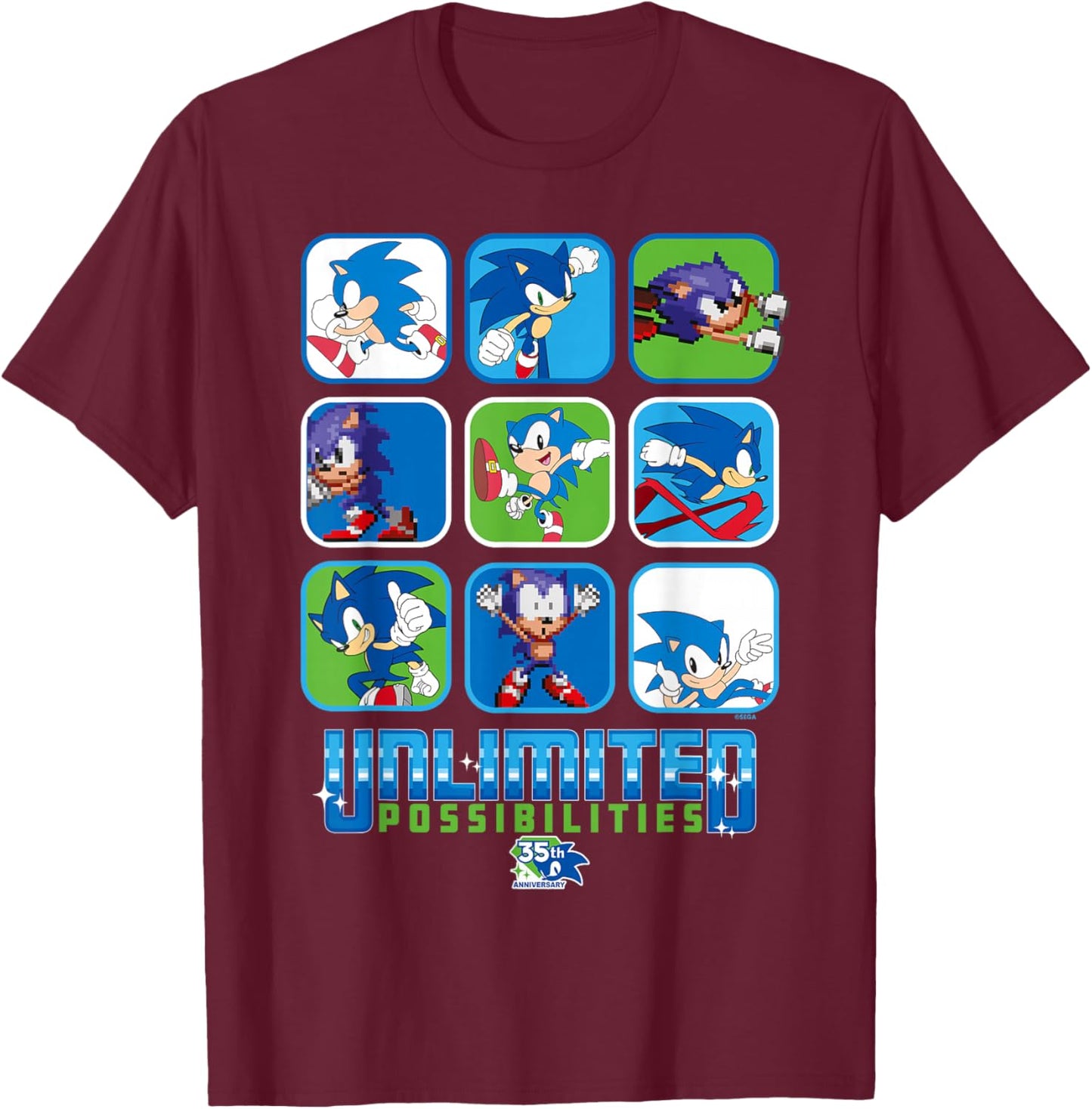 Sonic the Hedgehog - 35th Anniversary Grid T-Shirt - T-Shirt | Maroon