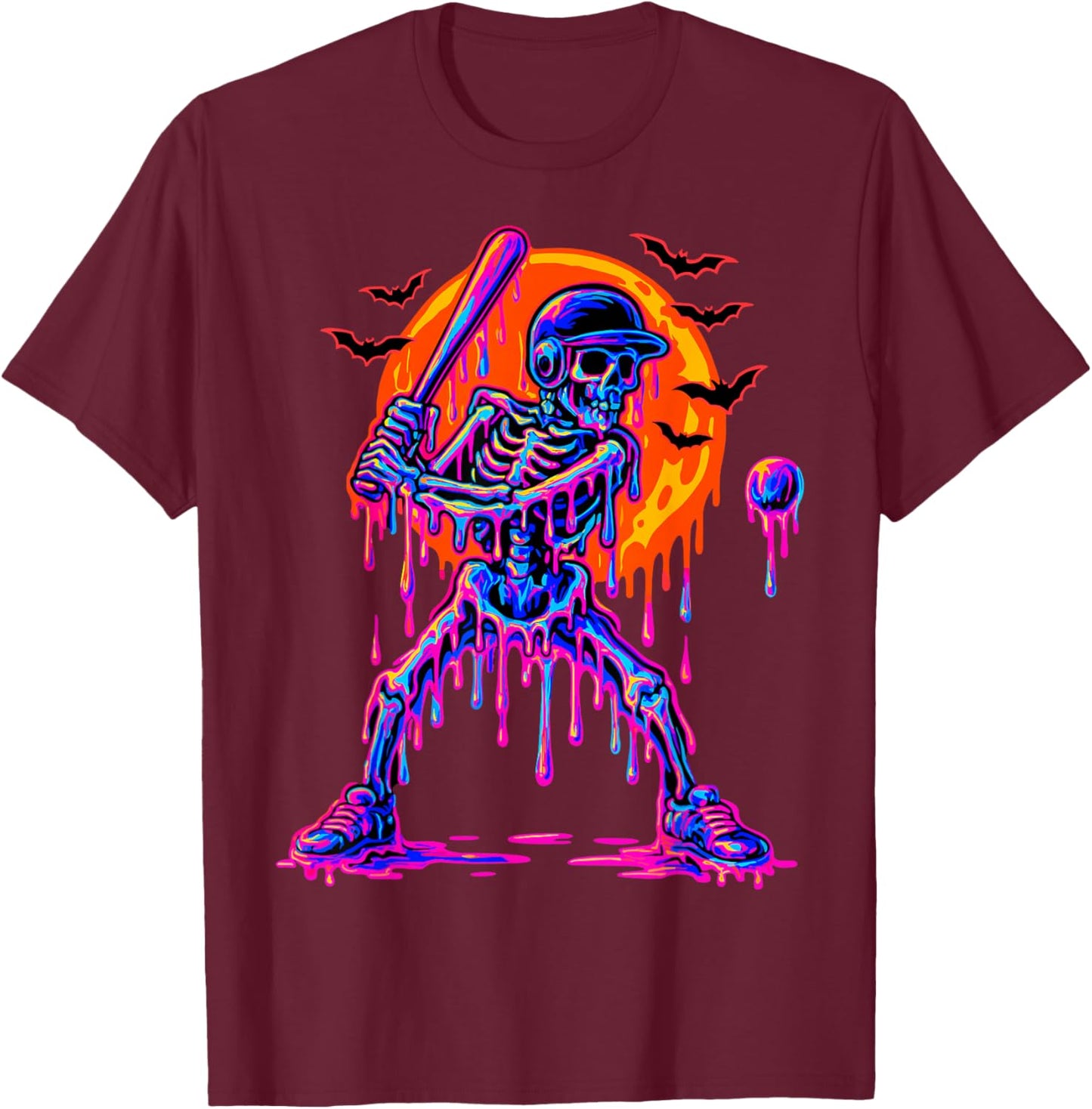 Drip Skeleton Batting Baseball Halloween T-Shirt - T-Shirt | Maroon