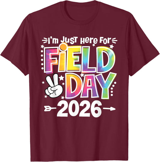 Tie Dye Just Here for Field Day 2026 Smile Face Teacher Kids T-Shirt - T-Shirt | Maroon