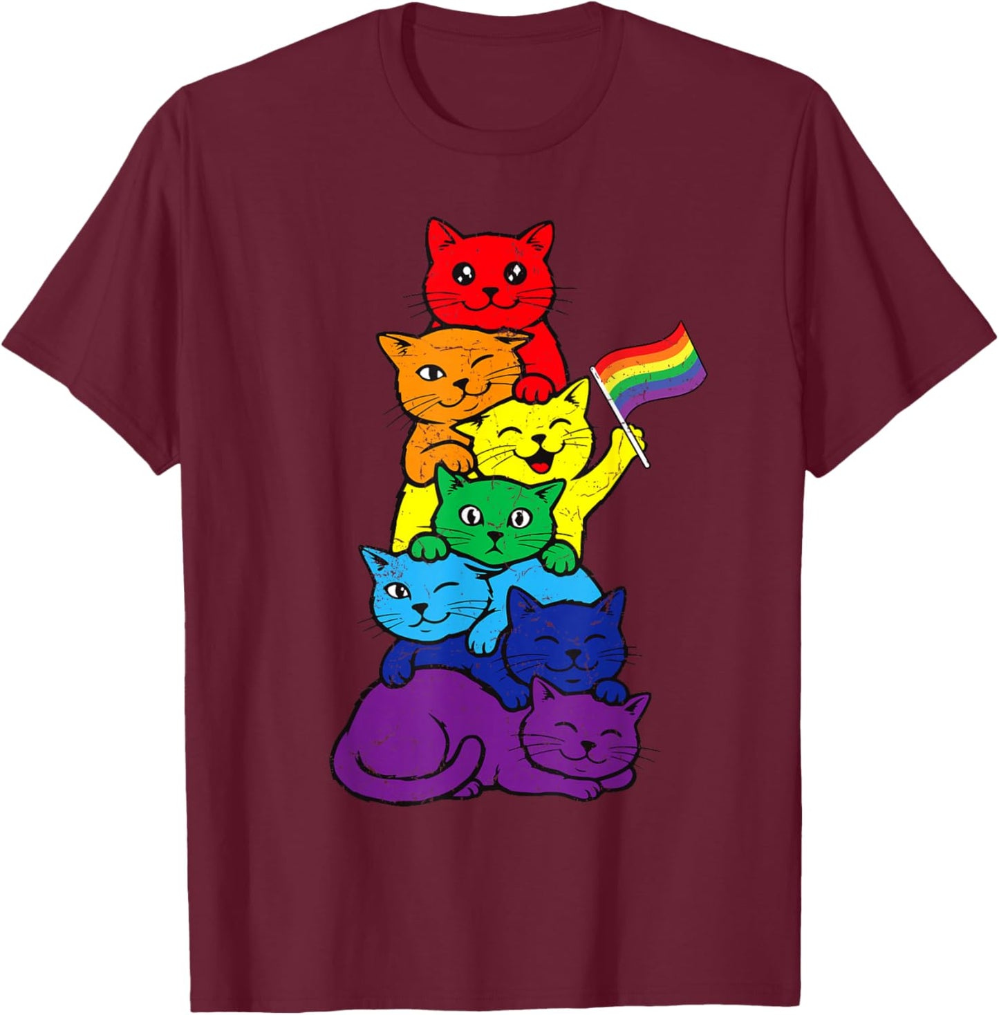 Cat Stack Rainbow Lesbian Gay Pride Ally LGBT Men Women Kids T-Shirt - T-Shirt | Maroon