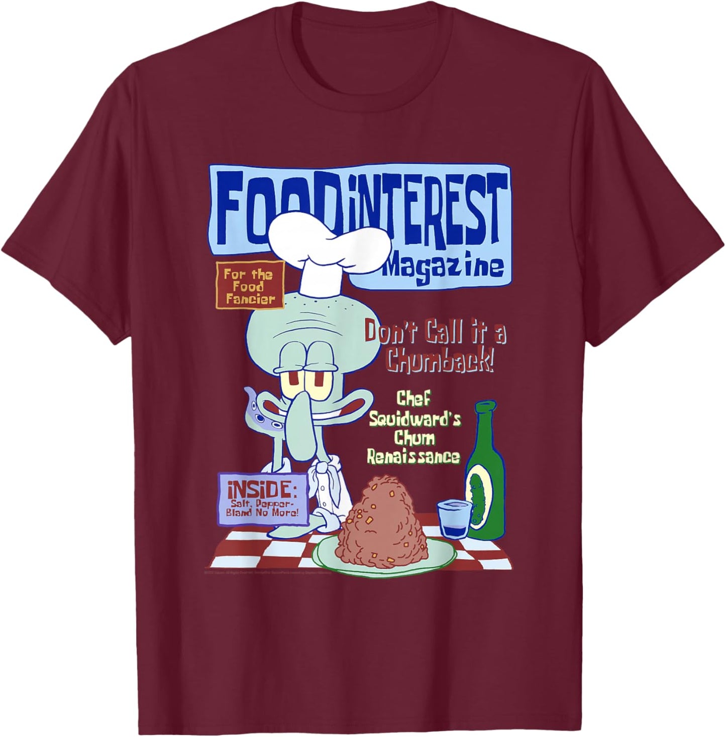 Spongebob Food Interest Magazine Squidward Funny Cartoon T-Shirt - T-Shirt | Maroon