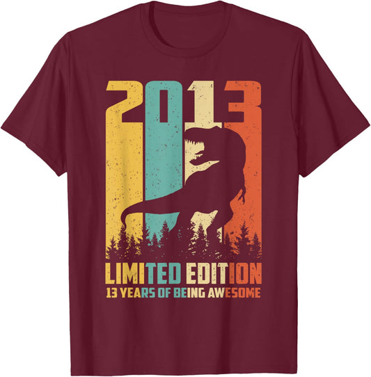 Awesome Since 2013 13 Years Old 13th Birthday T-Rex Dinosaur T-Shirt - T-Shirt | Maroon
