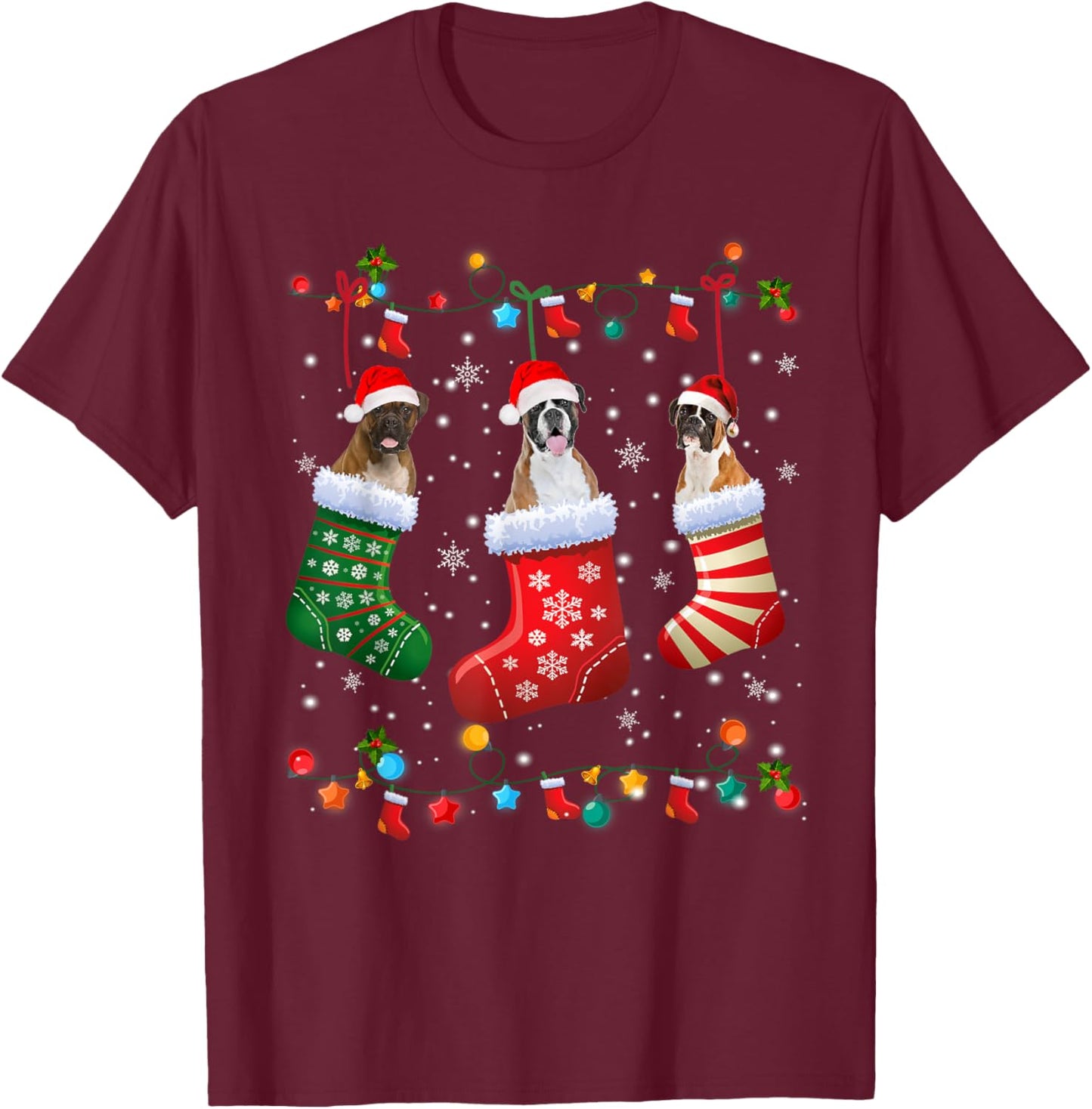 Christmas Socks Pajama Boxer Dog Puppy Lover Women Kids T-Shirt - T-Shirt | Maroon