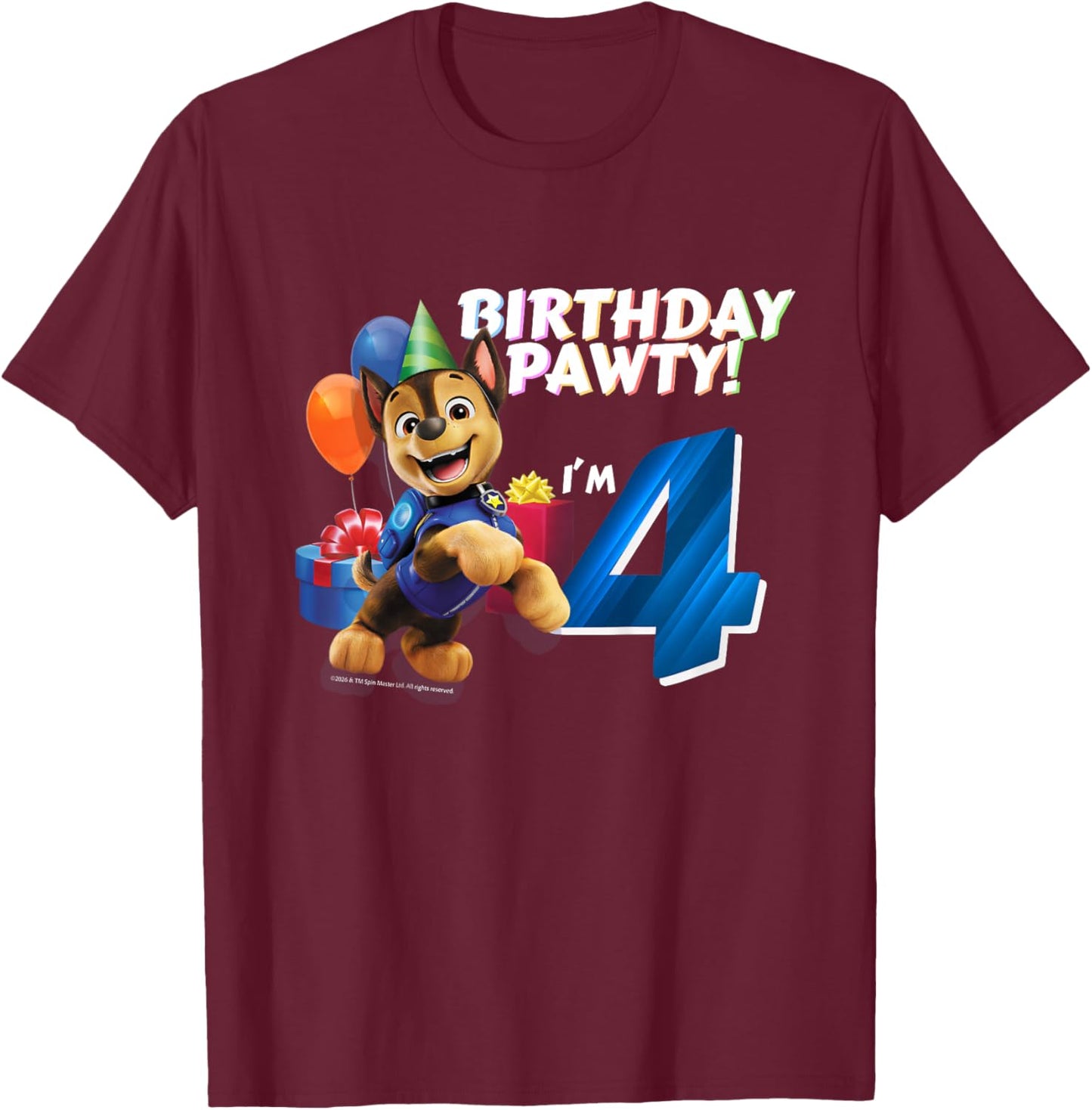 Official Paw Patrol Chase Birthday Party I'm 4 T-Shirt - T-Shirt | Maroon