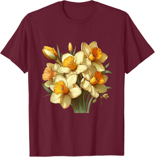 Yellow White Vintage Daffodil Flowers Gardeners T-Shirt - T-Shirt | Maroon