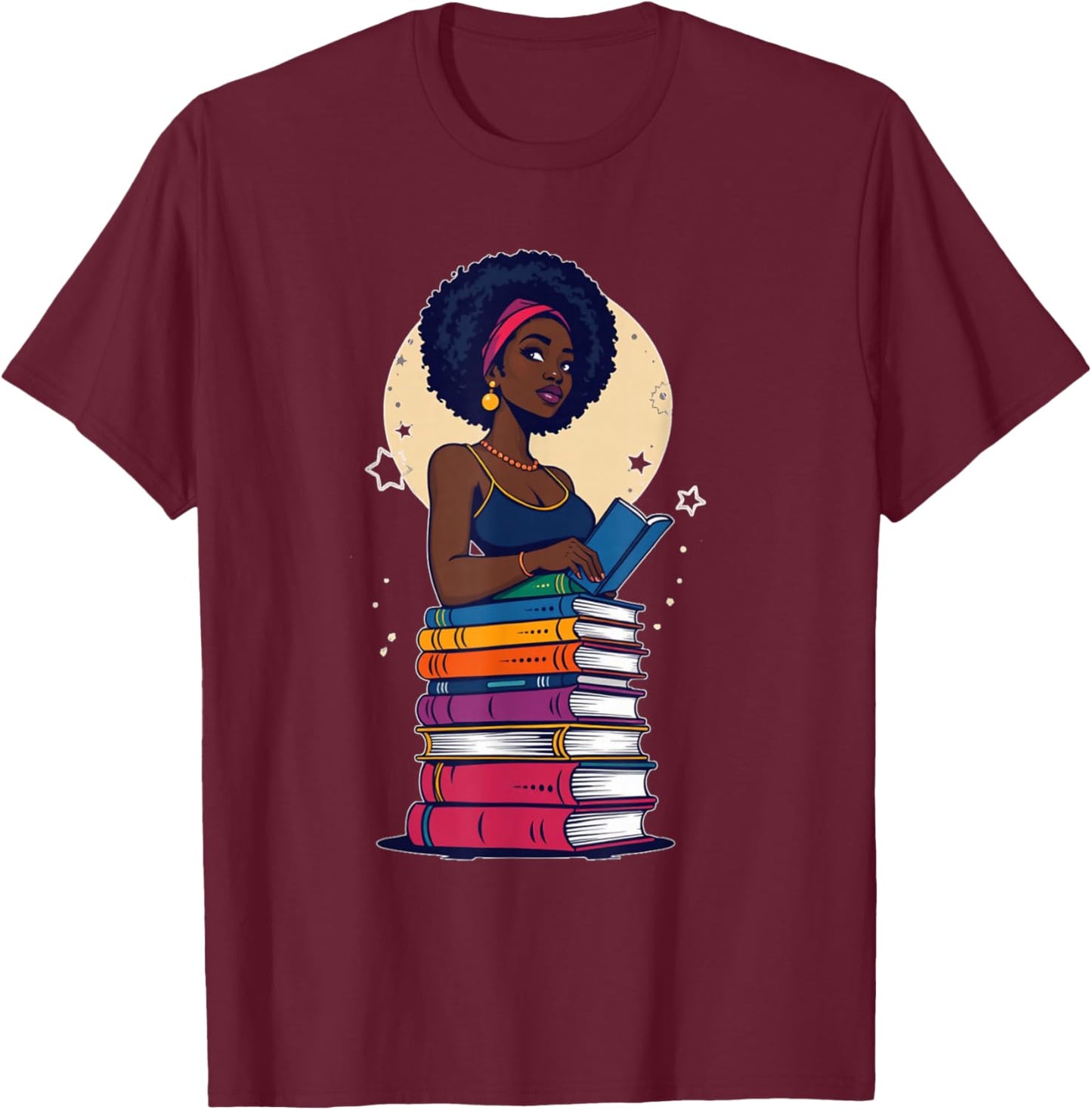 Black Woman And Books Stack - Afro Girl Reading Lover T-Shirt - T-Shirt | Maroon