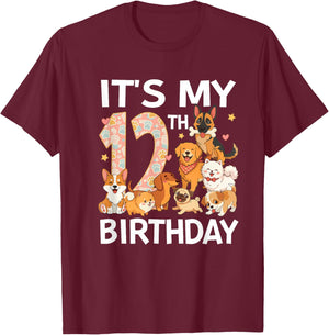Dog Theme It's My 12th Birthday Party 12 Year Old Dog Lover T-Shirt - T-Shirt | Maroon
