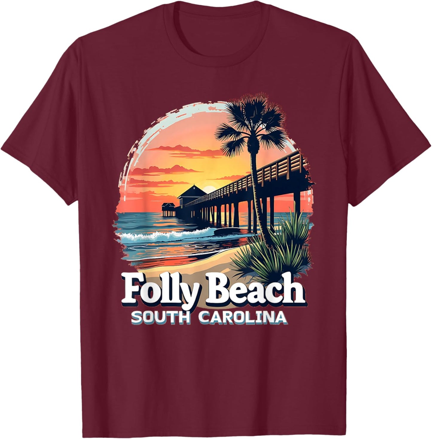 Scenic Sunset Beach Vacation Folly Beach South Carolina T-Shirt - T-Shirt | Maroon