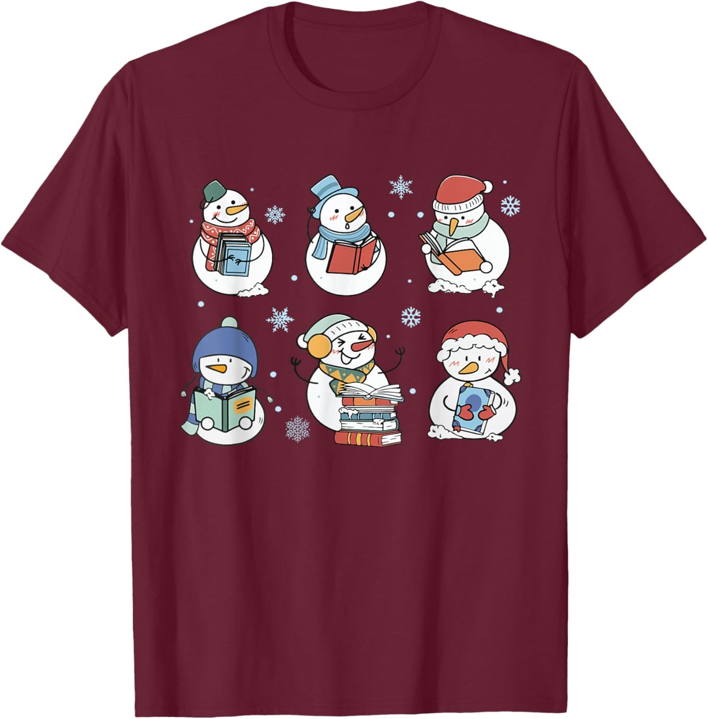 Snowman Reading Book Christmas Club Lover Bookish Librarian T-Shirt - T-Shirt | Maroon