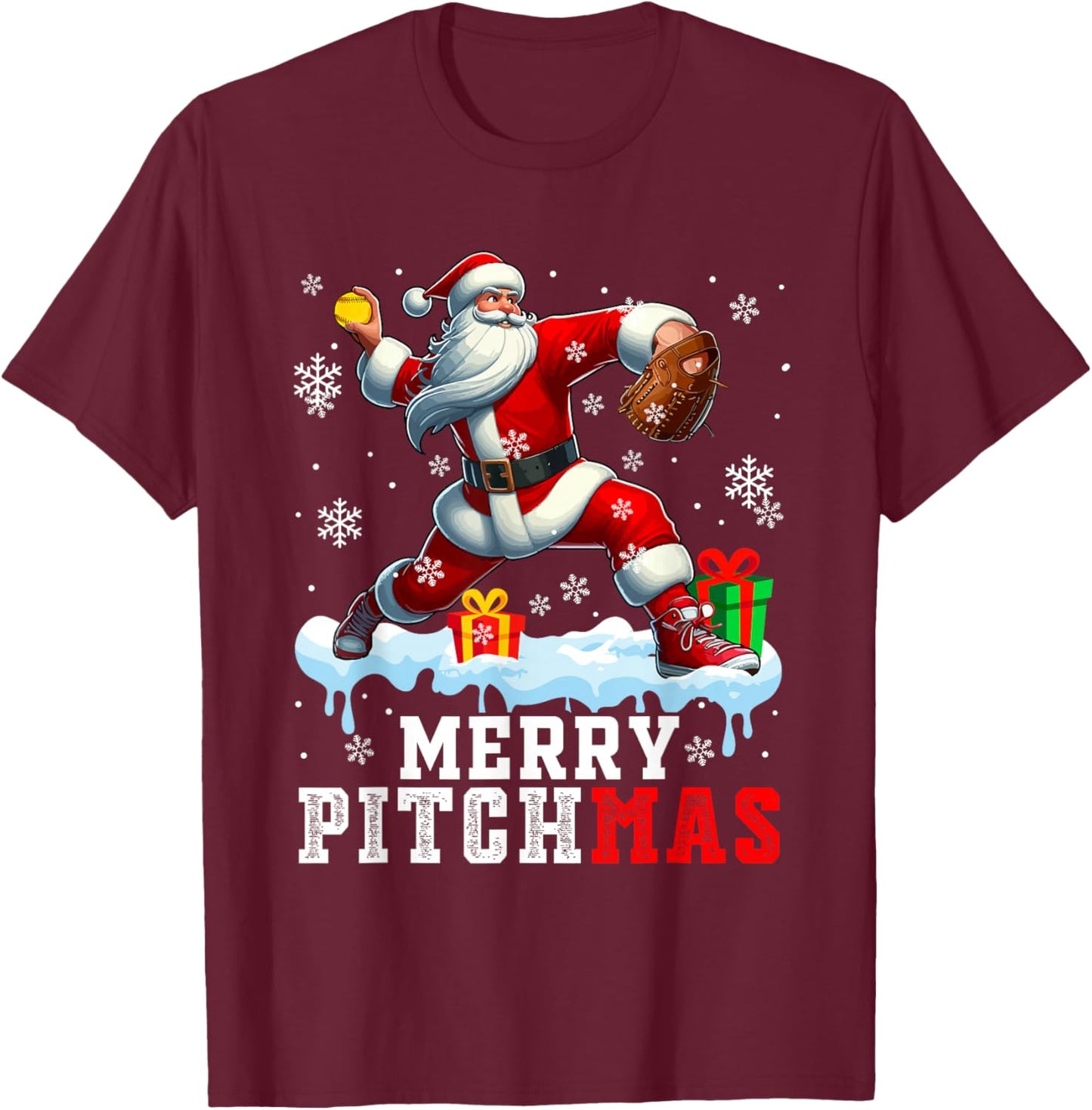 Merry Pitchmas Christmas Santa Pitcher Playing Softball T-Shirt - T-Shirt | Maroon