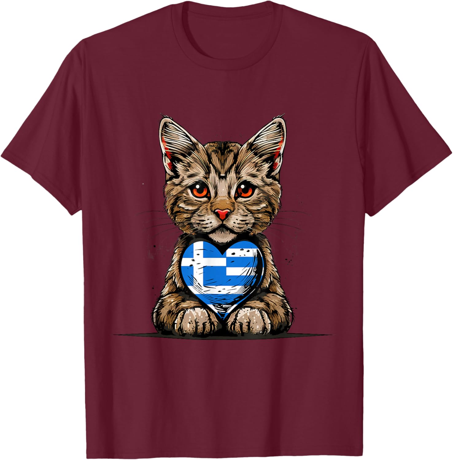 Greece Flag Greek Pride Cat Heart Greek Roots Hellenic T-Shirt - T-Shirt | Maroon