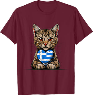 Greece Flag Greek Pride Cat Heart Greek Roots Hellenic T-Shirt - T-Shirt | Maroon