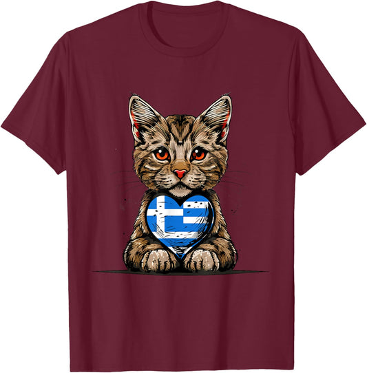 Greece Flag Greek Pride Cat Heart Greek Roots Hellenic T-Shirt - T-Shirt | Maroon