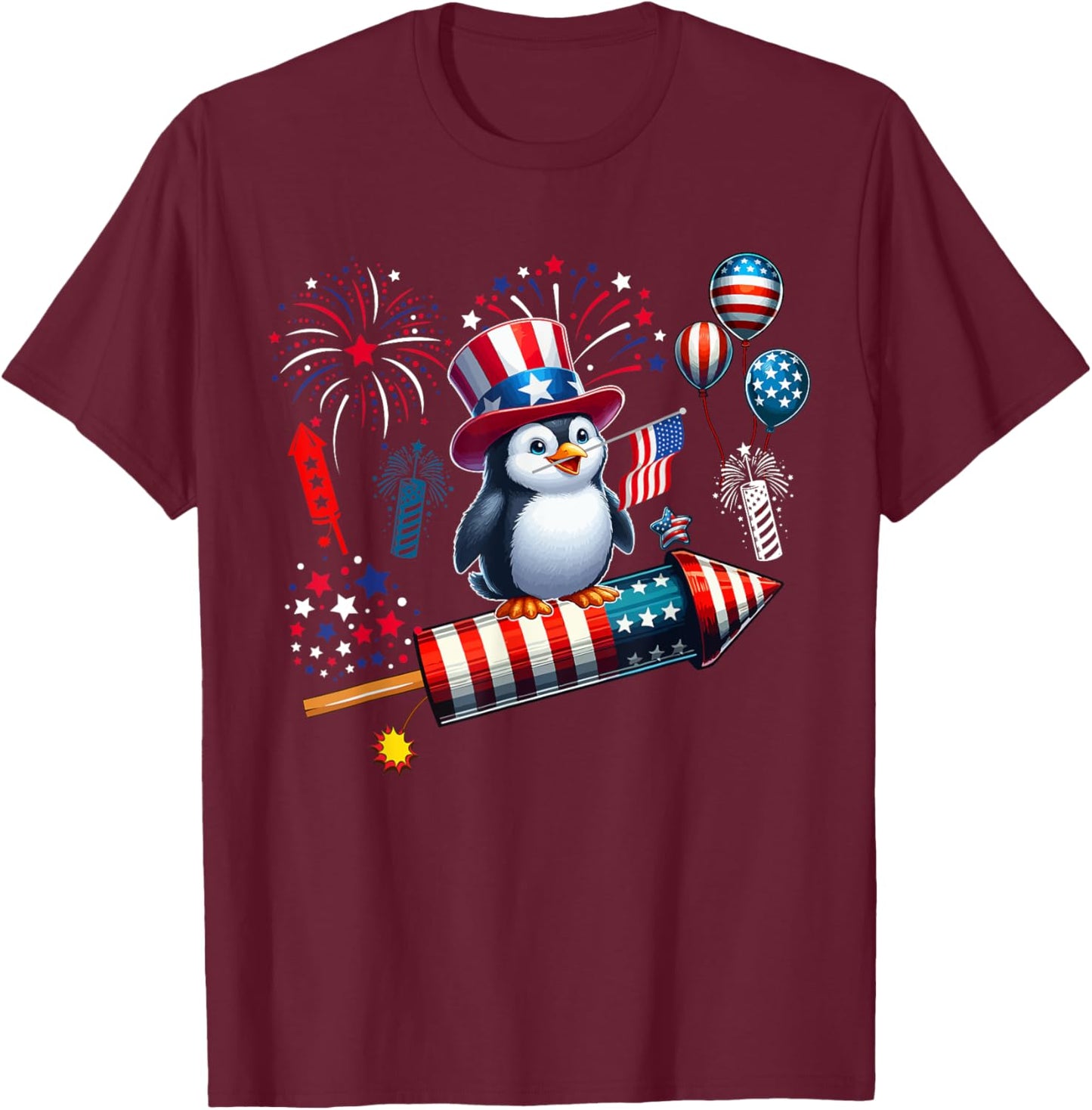 Penguin Riding Firecracker 4th Of July Bird Proud Flag T-Shirt - T-Shirt | Maroon