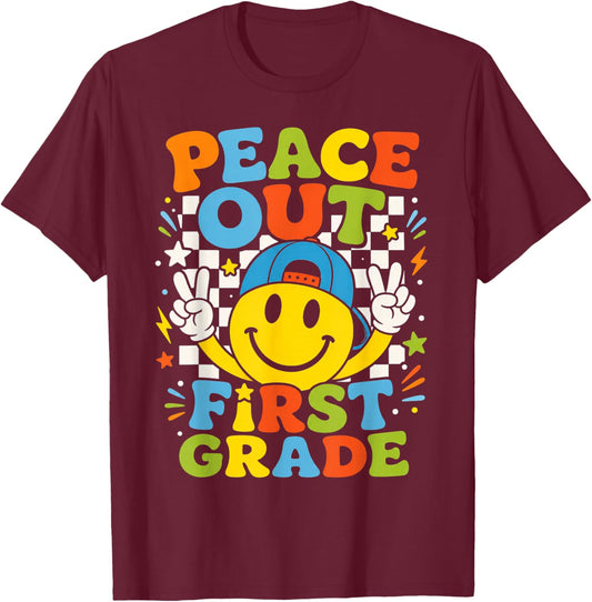 Peace Out 1st Grade Boys Kid Graduation Last Day of School T-Shirt - T-Shirt | Maroon