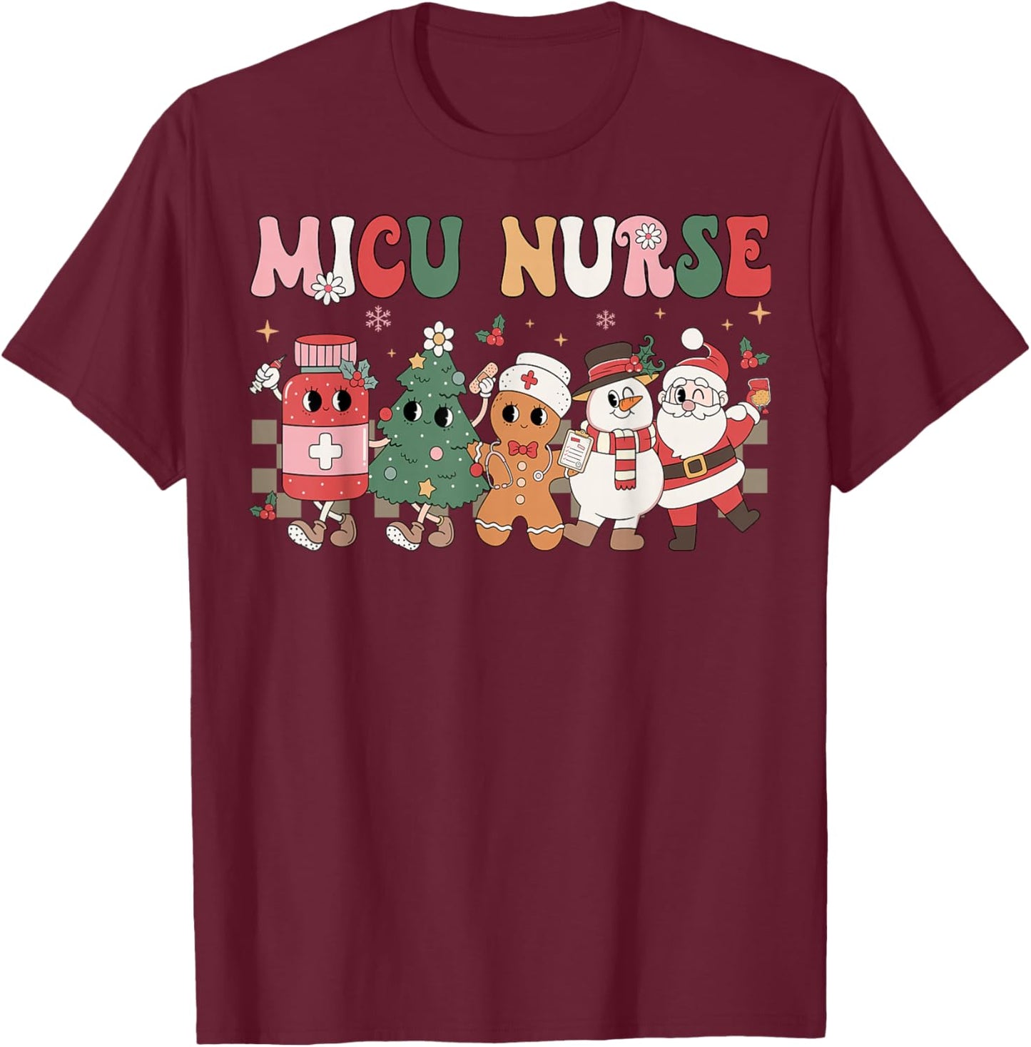 MICU Nurse Christmas Tree Gingerbread Nurse Retro T-Shirt - T-Shirt | Maroon