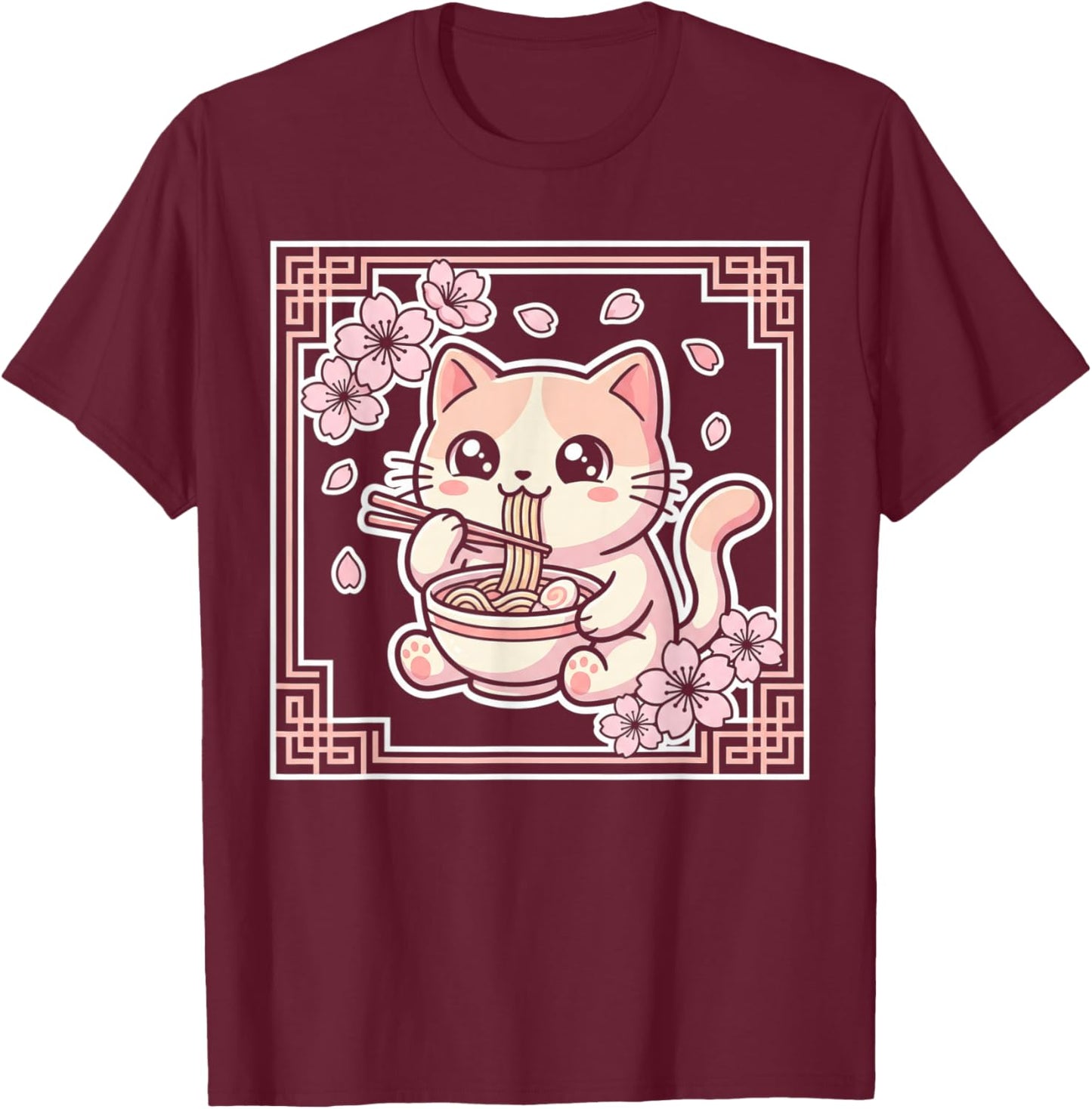 Kawaii Cat Ramen Anime Japanese Cherry Blossom Women Girls T-Shirt - T-Shirt | Maroon