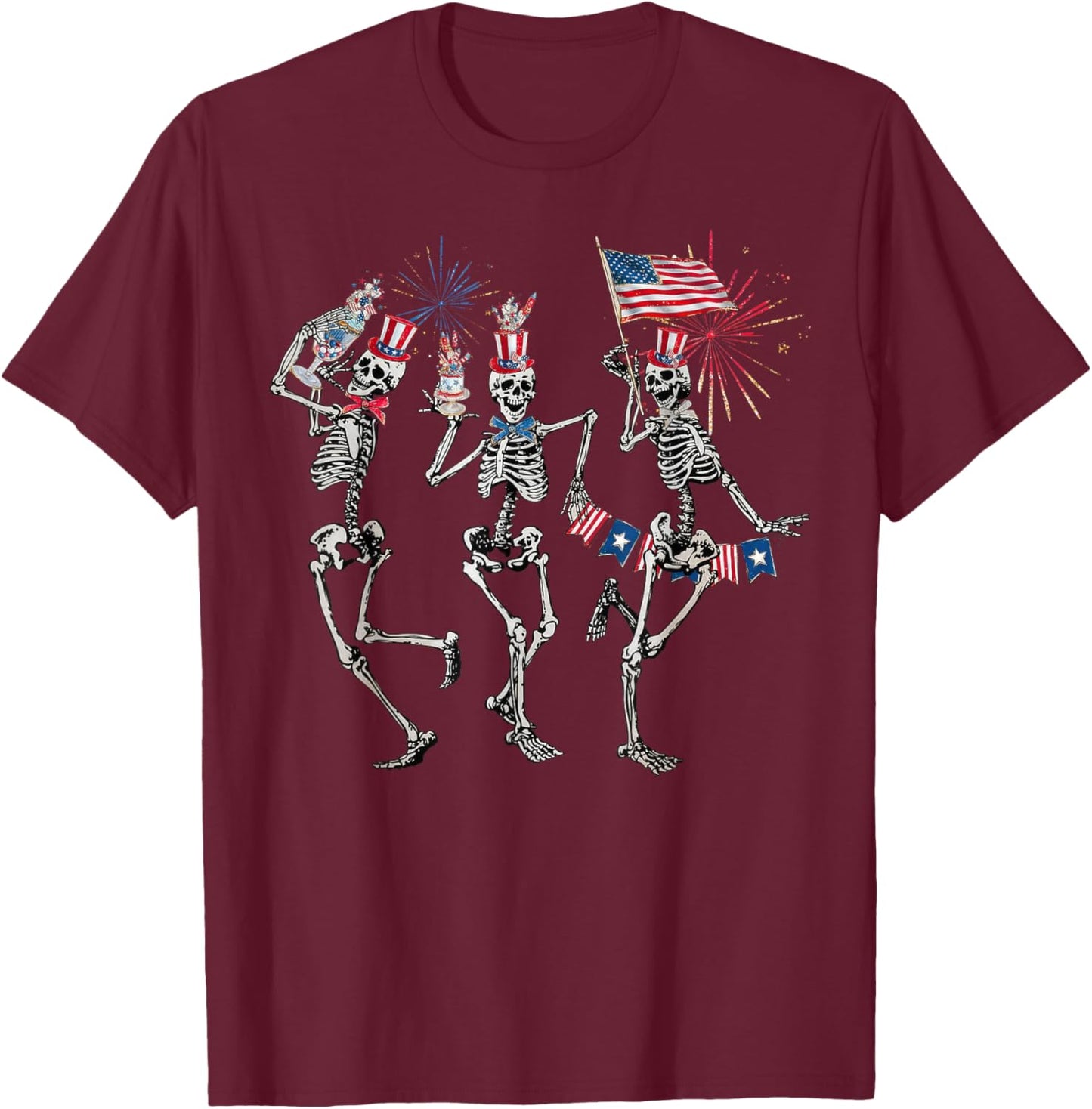 Dancing Skeleton US Flag 4th Of July Fireworks Patriotic Women Men T-Shirt - T-Shirt | Maroon