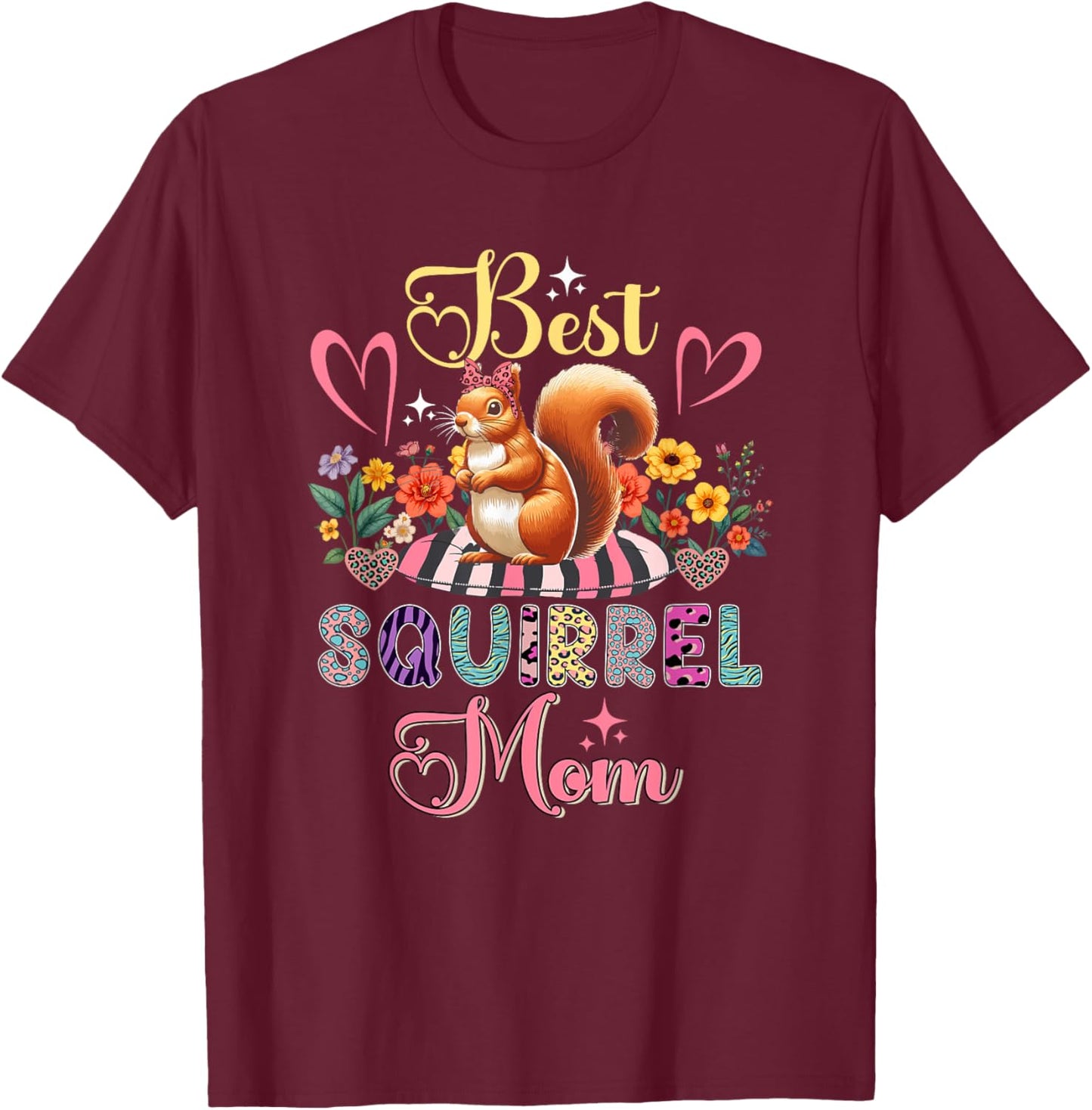 Best Squirrel Mom Mother's Day Squirrel Bow Tie Lover Floral T-Shirt - T-Shirt | Maroon