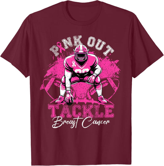 Pink Out Tackle Breast Cancer Awareness Football Pink Ribbon T-Shirt - T-Shirt | Maroon