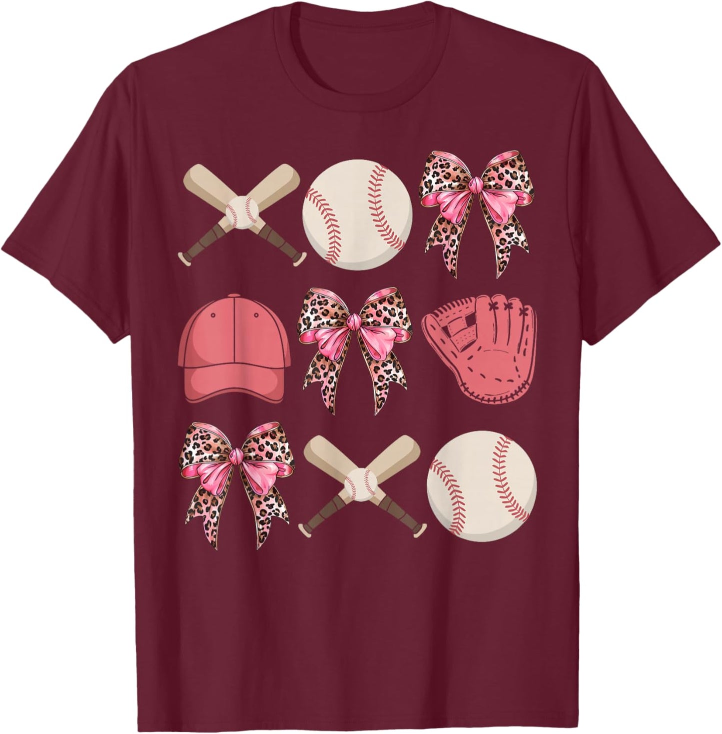 Baseball Mama Coquette Bow Baseball Mom Leopard Bow Ribbon T-Shirt - T-Shirt | Maroon