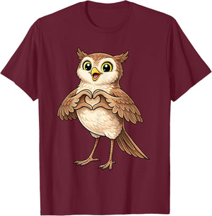 Owl with Heart | Cute Owl with Heart Symbol T-Shirt - T-Shirt | Maroon