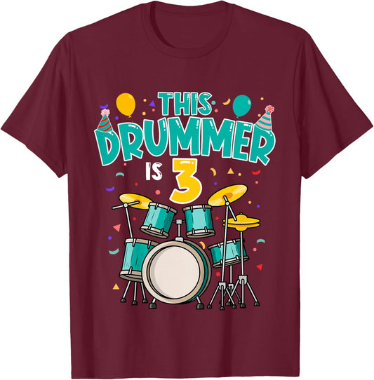 3 Years Old Drummer 3rd Birthday Drum Set Drumming T-Shirt - T-Shirt | Maroon