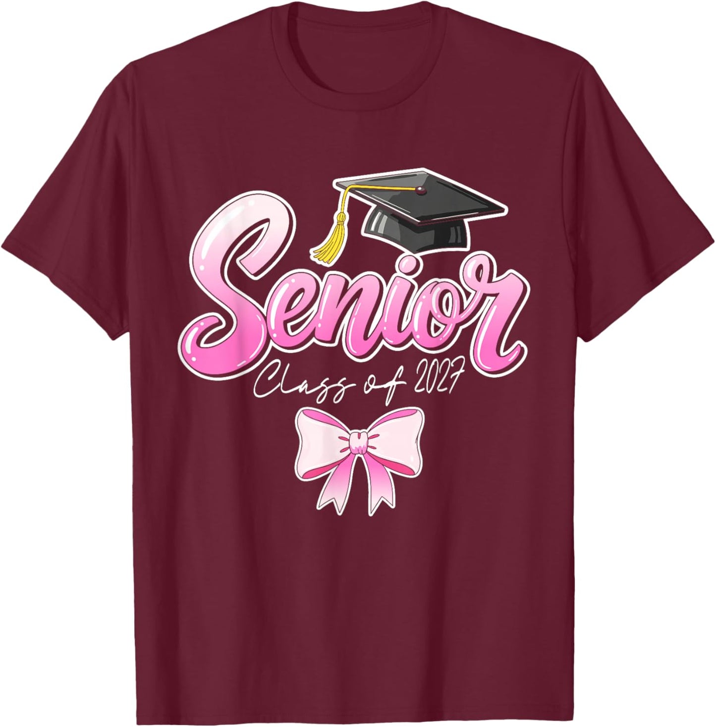 Senior Graduation Class 2027 Graduate Girls Pink Ribbon T-Shirt - T-Shirt | Maroon