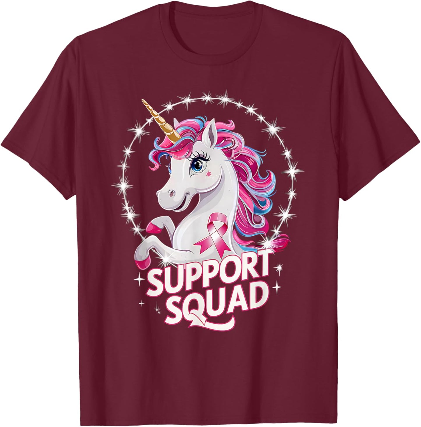 Pink Ribbon Breast Cancer Awareness Support Squad Unicorn T-Shirt - T-Shirt | Maroon