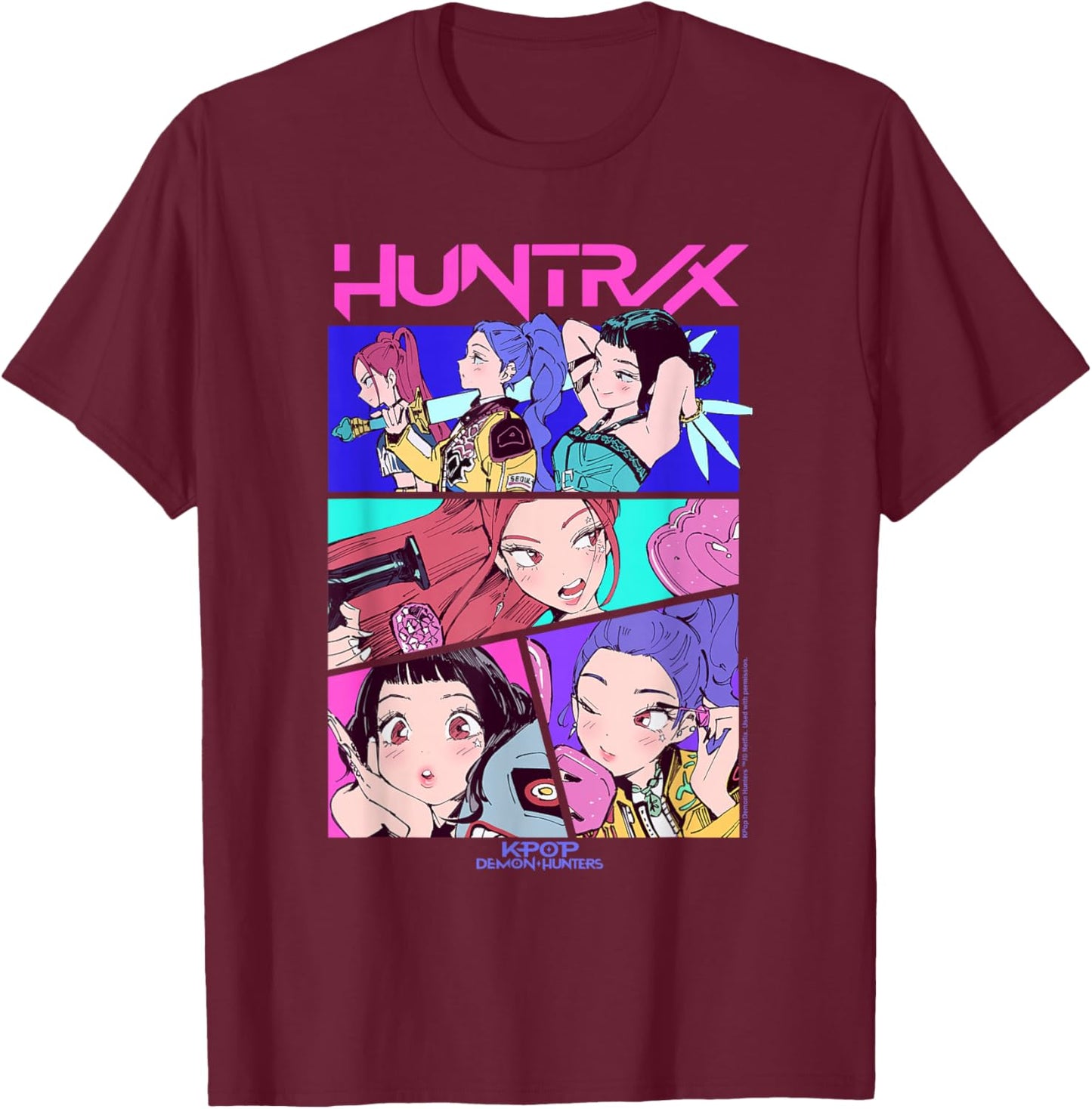 Kpop Demon Hunters Huntrix Neon Comic Anime T-Shirt - T-Shirt | Maroon