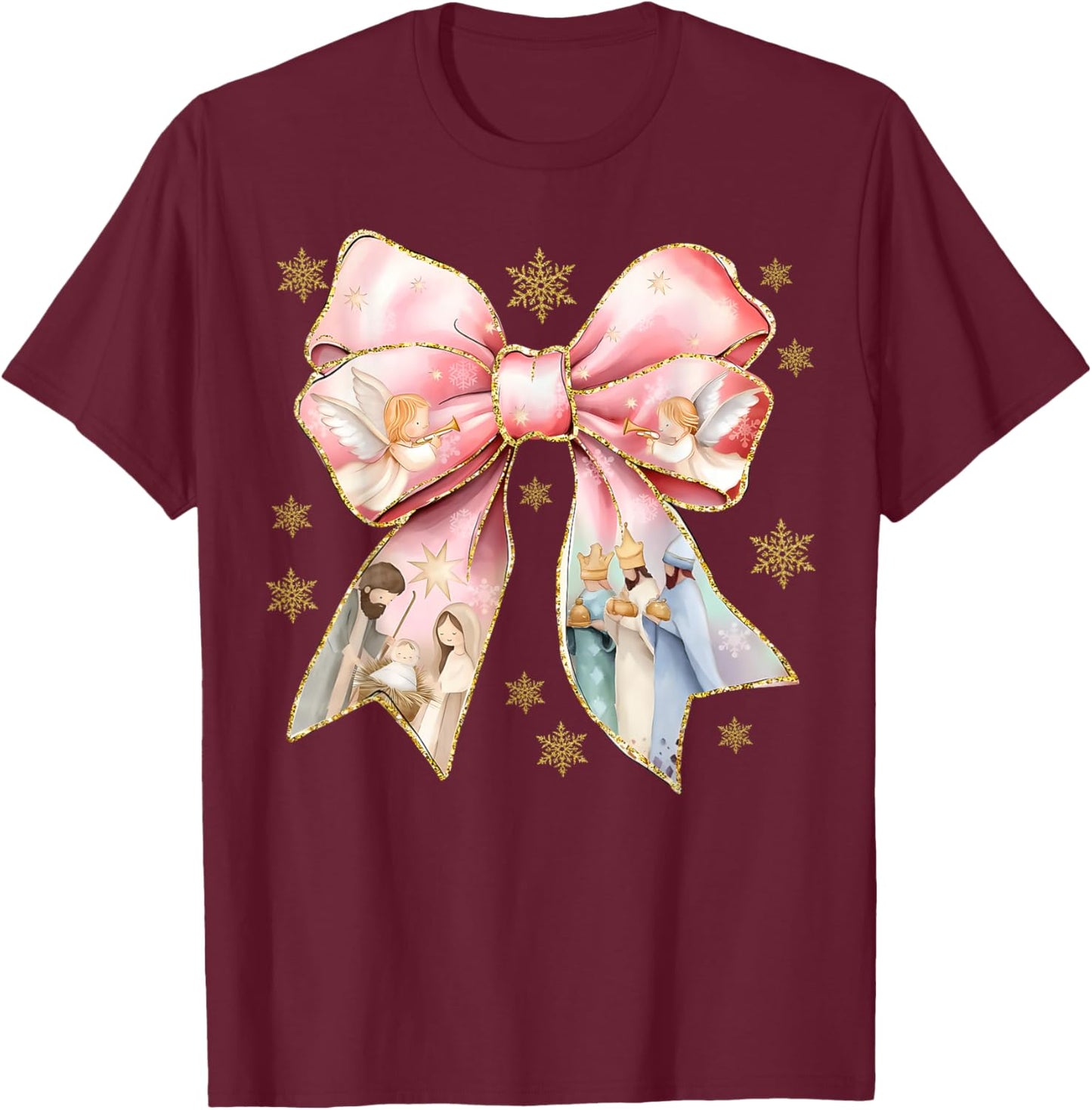 Cute Coquette Bow Baby Jesus Nativity Scene Christian Xmas T-Shirt - T-Shirt | Maroon