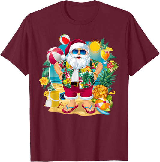 Santa Christmas in July on Beach Hawaiian Summer Vacation T-Shirt - T-Shirt | Maroon