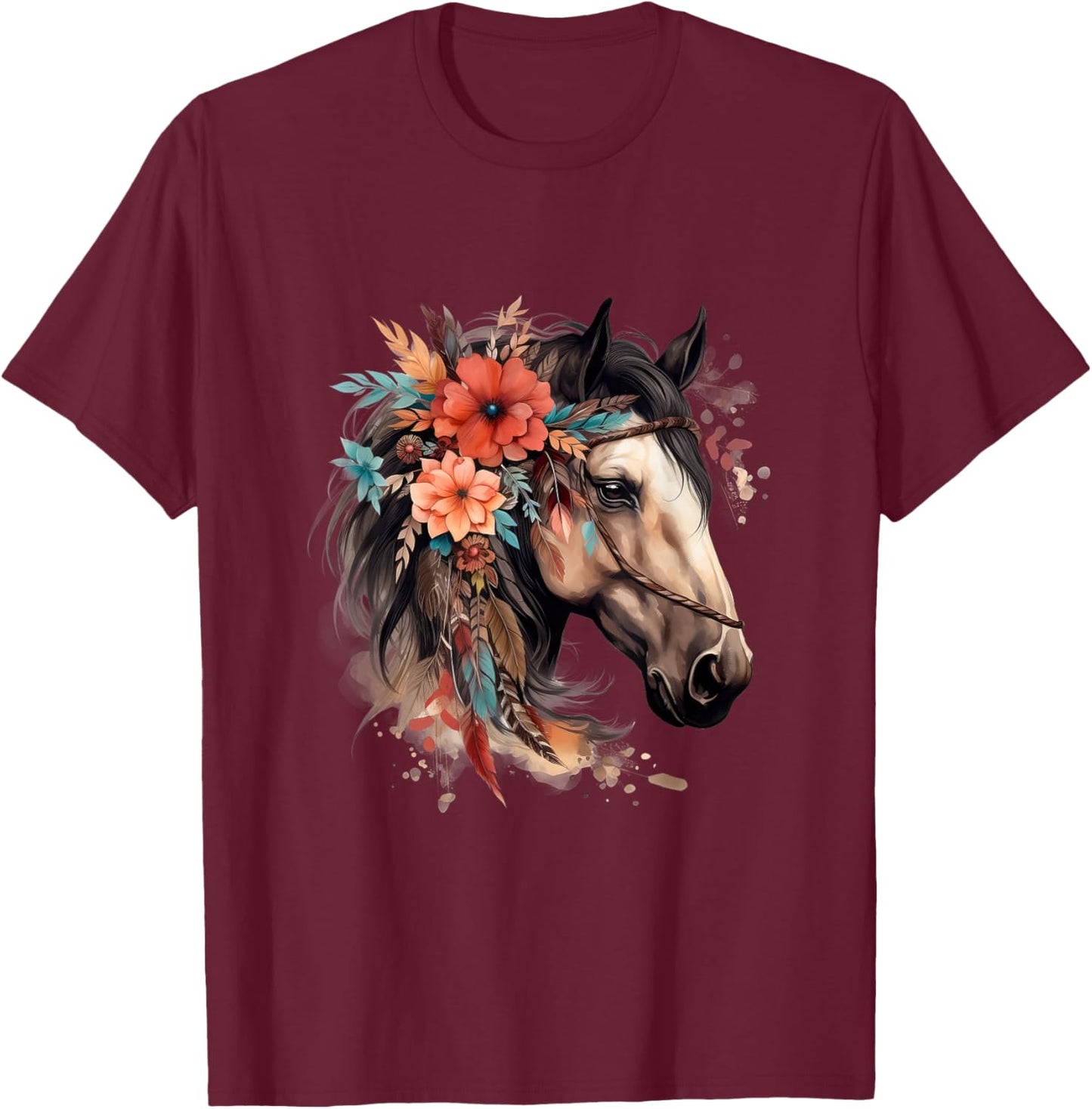 Floral Wild Horse Country Horse Riding T-Shirt - T-Shirt | Maroon