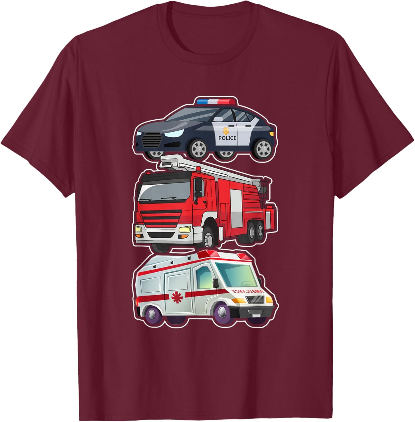 Police Car Fire Truck Ambulance First Responders Design T-Shirt - T-Shirt | Maroon